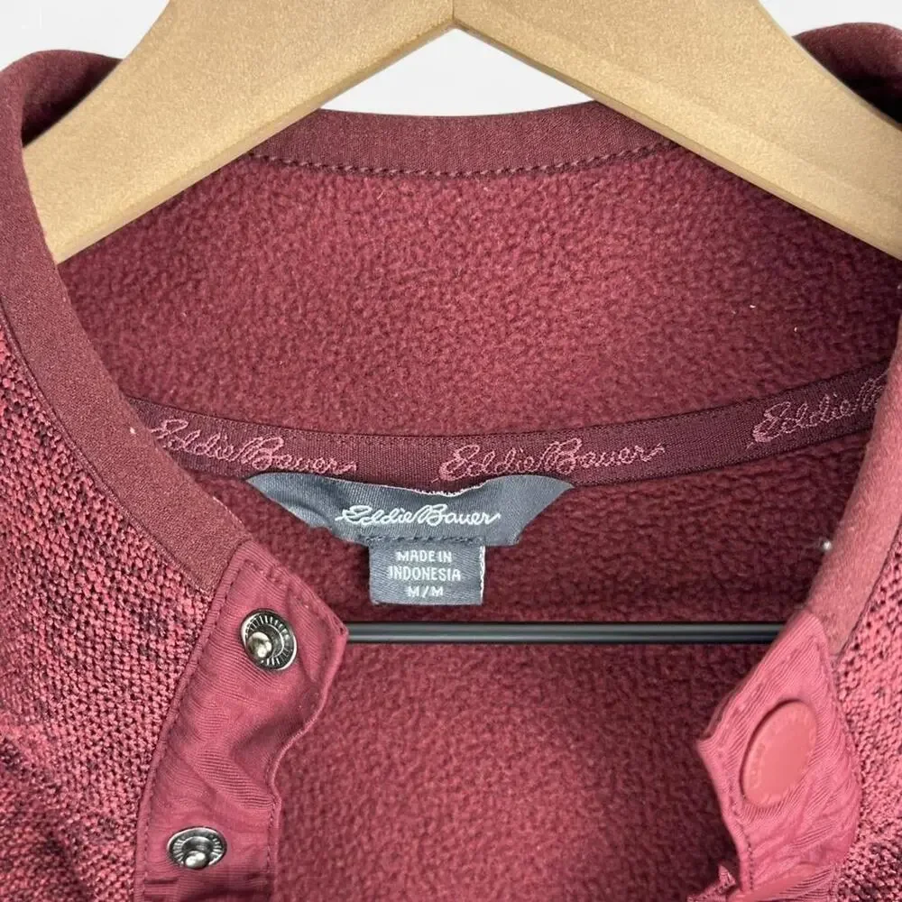 Eddie bauer maroon snap neck pullover fleece kangaroo pocket - Picture 3 of 5